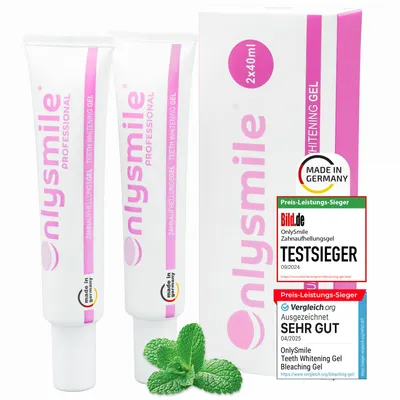 Immagine prodotto di Gel sbiancante OnlySmile per denti sensibili, contro le macchie, prodotto in Germania, confezione da 2 flaconi da 40 ml