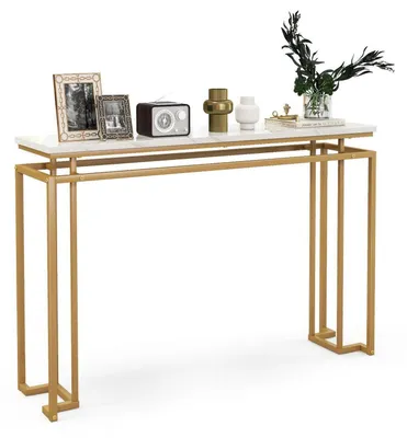 Image de Table console étroite de 120 cm avec structure métallique, imitation marbre, capacité de charge jusqu'à 30 kg, dimensions : 120 x 30 x 80,5 cm