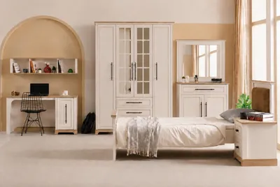 Produktbild von Einzelbett Holzbett Beige Jugendbett Landhaus Polsterkopfteil