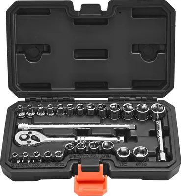 Produktbild von Steckschlüsselsatz, 27-teilig, 6,4 mm Antrieb, Steckschlüssel- und Ratschensatz, SAE und metrisch, Mechaniker-Werkzeugsatz mit Ratschenschlüssel, Verlängerungsstange und Aufbewahrungskoffer, CR-V-Legierungsstahl, für Kfz-Reparaturen