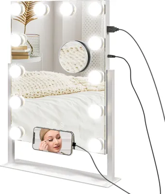 Zdjęcie produktu dla Lustro HOMCOM Hollywood z oświetleniem, lusterko do makijażu z 12 diodami LED, 3 kolory światła, obrotowe lusterko do makijażu 360° z portem ładowania USB