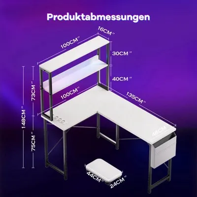 Zdjęcie produktu dla Biurko w kształcie litery L - Białe - Z oświetleniem LED i podwójną półką - Gniazda USB - Idealne do gier i pracy
