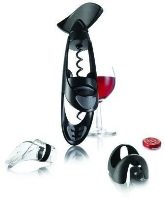 Produktbild von Weinöffner 3-teiliges Set - schwarz - Korkenzieher + Gießkappe / Ausgießer + Kapselschneider / Folienschneider