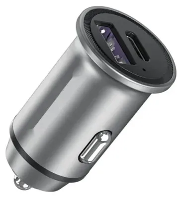 Autolader, 30 W, USB-A + USB-C, grau, kompakt, 1 Stück