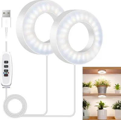 Two ring-shaped LED grow lights with a USB cable and controller, shown against a white background. A smaller inset image shows the lights being used to illuminate plants on shelves.
