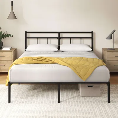 Metallbett mit schlichtem Kopfteil und stabilem Design für modernes Ambiente.