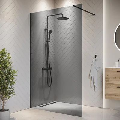 Obrázek produktu pro Badplaats Sprchová Zástěna Rizani 140 x 200 cm – Černá – Kouřové Sklo Walk-In Sprchový Kout 8 mm Bezpečnostní Sklo