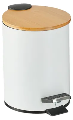 Produktbild von Relaxdays Mülleimer Bad, 3 l, Kosmetikeimer Absenkautomatik, Bambusdeckel, entnehmbarer Inneneimer, Treteimer, weiß, KI-generiertes Bild