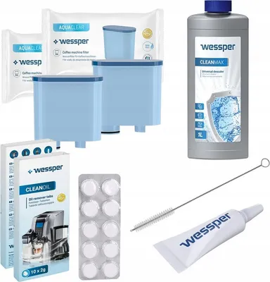 Produktbild von Zestaw do odkamieniania Saeco AquaClean Wessper CleanMax 500 ml + 2x filtr Wessper AquaClear, tabletki czyszczące Wessper CleanOil, środek czyszczący i smarujący