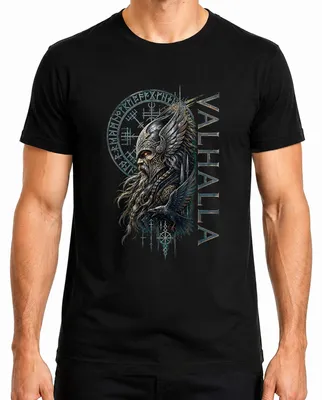 Imagen del producto de Camiseta negra, talla XL, con motivos vikingos: Valhalla, Odin, guerrero, cuervo, Vegvisir, nórdico, Thor, runas, señores
