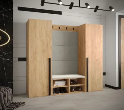 Obrázek produktu pro Sestava do předsíně s čalouněnými panely HARRISON - dub zlatý, béžové panely
