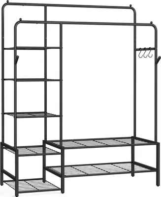 A black metal garment rack with multiple shelves and hanging rods, shown against a white background.