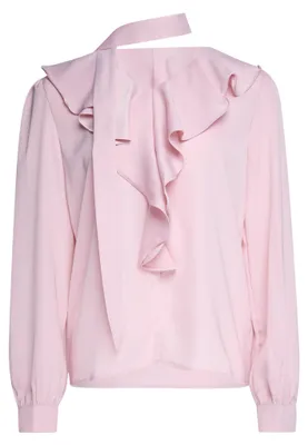 Produktbild von Rosa Satin-Bluse mit V-Ausschnitt, langen Ärmeln, Rüschen und Schal, Größe S