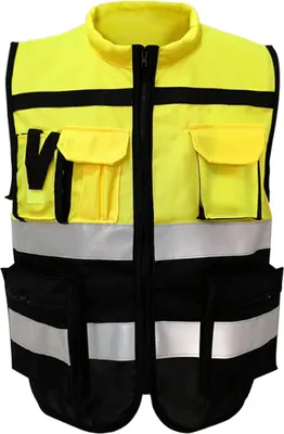 Immagine prodotto di Gilet di sicurezza riflettente alta visibilità con zip frontale e colletto morbido di sicurezza con tasche per il lavoro giallo nero XL 175