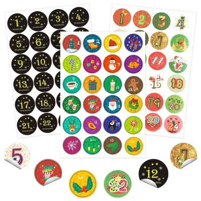 Produktbild von 3 x 24 Adventskalender Zahlen Aufkleber, rund 45 mm, weihnachtliche Motive