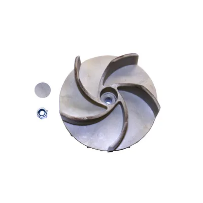 A spare part for a leaf blower, specifically a fan impeller, along with a washer and a nut, is displayed against a white background.
