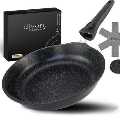 Obrázek produktu pro DIVORY velká pánev 28 cm | Odnímatelná rukojeť, vhodná na indukci, s povrchovou úpravou, hliníková – velká pánev + chránič pánve – indukční pánev