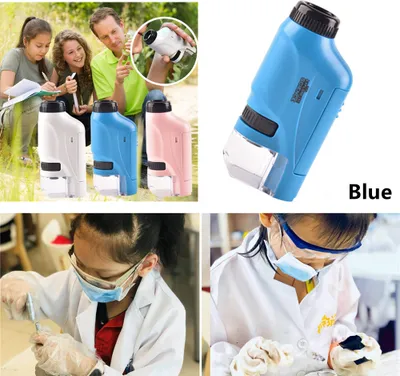Produktbild von Tragbares 60x-120x LED Taschenmikroskop mit asphärischem Linsensystem Handmikroskop mit Licht für Kinder die beste Lernspielzeug Blau