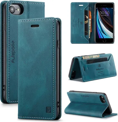 Immagine prodotto di custodia iPhone SE 2022, Custodia retrò in Finto cuoio, supporto e custodia protettiva per iPhone SE 2022 / SE 2020 / 7 / 8 blu