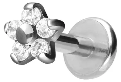 Produktbild von Ohrpiercing, Nasenpiercing Titan Labret mit Innengewinde BLUME MIT 5 KRISTALLEN Silber Stablänge: 5mm | Stabstärke: 1,2mm