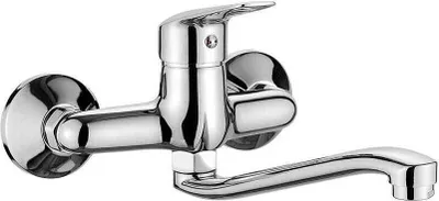 A chrome kitchen faucet mounted on a wall.
