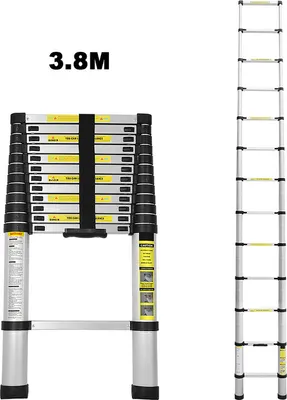 Obrázok produktu pre SWANEW teleskopický výsuvný rebrík skladací rebrík stabilný hliníkový rebrík 3,8 m strieborný bez háčikov