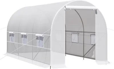 Produktbild von Outsunny Tunnelgewächshaus, 400 x 200 x 200 cm, Gartengewächshaus mit Rolltor und mehreren Fenstern, PE-Abdeckung, 140 g/m², UV-beständiger Metallrahmen, für den Anbau von Pflanzen, Gemüse, Weiß