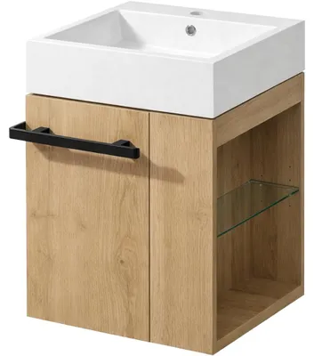 Productafbeelding van CERANO - Badkamermeubel Esme - notenhoutkleur + wastafel van gietmarmer - wit, mat - 45x45x62,5 cm