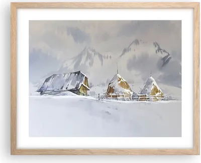 Produktbild von Gerahmtes Poster - Rahmen in heller Eiche - Haus Berge Schnee - 50x40 cm - Wand Bild - Wanddeko - Wandbilder - Kunstposter - Wandposter - Bilderrahmen - Bilder - Kunstdruck - P2NAA50x40-4806