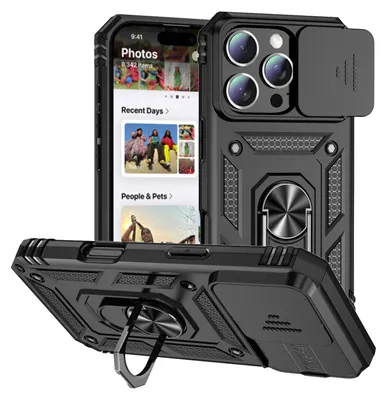 Immagine prodotto di Custodia per iPhone 16 Pro Max a doppio strato con copertura scorrevole della fotocamera e supporto ad anello nero