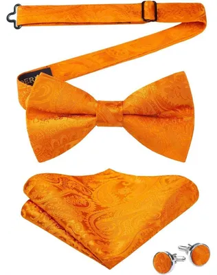 Produktbild von Herren Fliegen-Set mit Einstecktuch und Manschettenknöpfen, Paisley, Orange, Verstellbar