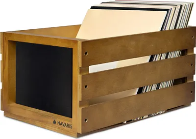 Produktbild von Navaris Holz Schallplatten Kiste mit Kreidetafel - 42,9 x 34,4 x 22,9 cm - für bis zu 80 LP Platten - Vinyl Aufbewahrung Holzkiste - Braun