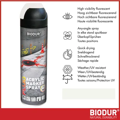 Productafbeelding van BIODUR Acryl Markeerspray - Wit - 500 ML - Fluorescerend - 360 graden Ventiel - Weer/UV-bestendig - Sneldrogend - Hoge zichtbaarheid