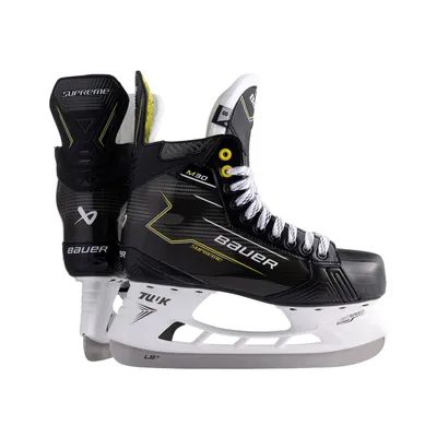 A pair of black and yellow Bauer Supreme M30 ice hockey skates are shown against a white background.