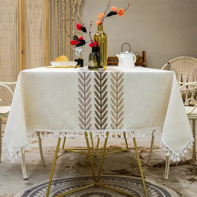 Produktbild von Tischdecke rechteckig Baumwollleinen fleckenabweisend mit Fransen und Stickerei Kaffeeblätter 140 x 180 cm