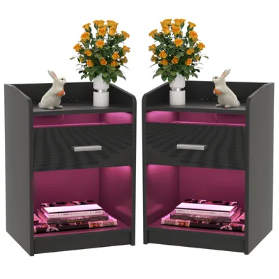 Produktbild von 2x LED Nachttisch mit Steckdose & USB,Nachtkommode mit Schubladen und offenes Fach,Front Hochglanz Nightstand Kommode Beistelltisch 40x35x58cm Schwarz
