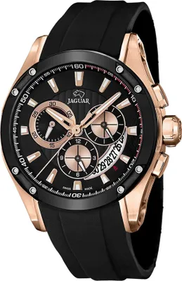 A close-up studio shot of a Jaguar men's chronograph watch with a black dial and rose gold accents, presented on a white background.