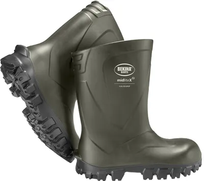 A pair of green and black rubber boots.
