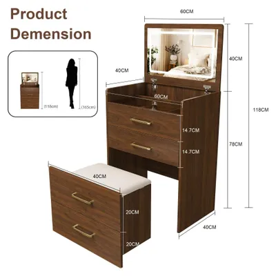 Immagine prodotto di Comò da trucco - Tavolino multifunzione 3-in-1 - Specchio aperto - Piano in vetro trasparente - 3 cassetti - Design compatto - Dimensioni: 60 x 40 x 118 cm - Finitura noce + MDF