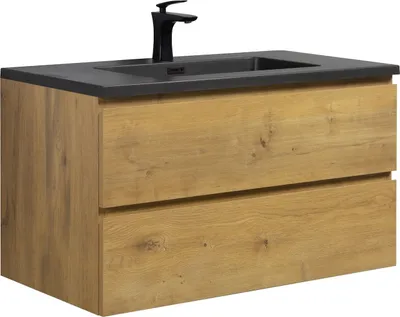 Produktbild von Badplaats Badmöbel Set mit Waschbecken und Unterschrank Angela 90 x 48 cm Eiche - Waschbeckenunterschrank mit Soft-Close und Schwarze Waschbecken, Vorgemontiert