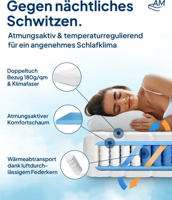 Produktbild von AM Qualitätsmatratzen | Ergonomische 7-Zonen Taschenfederkernmatratze 100x200 cm | Federkernmatratze H4 | 100/200 | Härtegrad 4 |  Germany | 21 cm Höhe | Waschbarer Bezug | T)