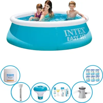 An Intex Easy Set pool with children in it, surrounded by various pool maintenance accessories.