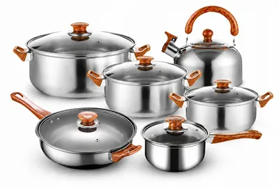 Produktbild von Edelstahl Topfset 11-teilig - Kochtöpfe mit Stieltopf, Pfanne und Kessel - Induktion und Gas