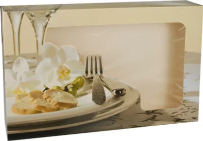 Produktbild von 5 Transport- und Catering-Kartons 8 cm x 46 cm x 31 cm "Orchidee" mit Sichtfenster, einteilig