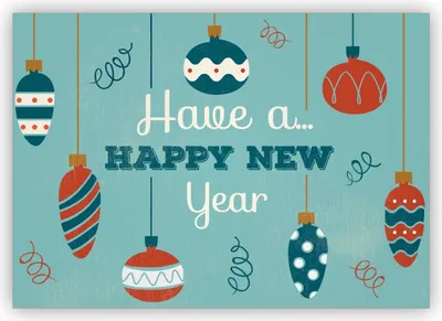 Produktbild von Nette Retro Weihnachtskarte mit Vintage Weihnachtsschmuck: Have a happy new year