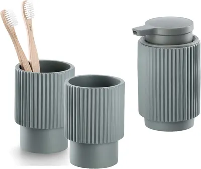 Produktbild von 3-teiliges Badezimmer-Set Stripes Salbeigrün, Badzubehör-Set besteht aus: Seifenspender & 2x Zahnputzbecher, moderne Badausstattung von Zeller