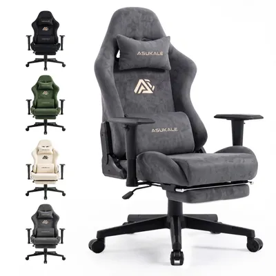 Produktbild von Gaming-Stuhl grau Samt ergonomisch, Massage-Lendenstütze, ausziehbare Fußstütze, 4D-Armlehnen, 200kg belastbar, für PC & Büro