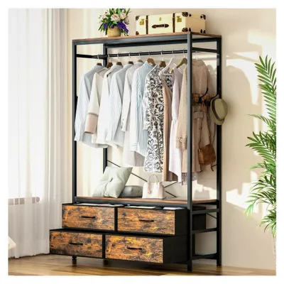 Produktbild von Offener Kleiderständer mit 4 Schubladen, 4 Haken und Regalen: Schwerlast-Garderobenorganizer für Schlafzimmer und Wohnzimmer