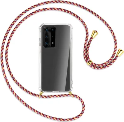 Produktbild von Handykette Backcover-Schutzhülle mit Band (Metall goldfarben) für Huawei P40 Pro Plus - weinrot/gelb/grau