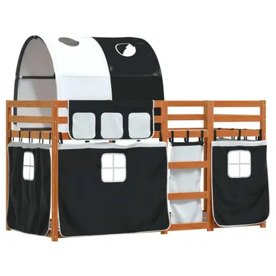 Produktbild von Design Etagenbett mit Vorhängen Weiß & Schwarz 80x200 cm Kiefernholz, Klassische Betten 2024 Neu